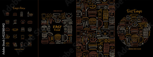 Fast food icons. Hamburger pizza sausages snacks sandwich ice cream. Food menu. Set of concept art for your design project - cards, banners, poster, web, print, social media, promotional materials