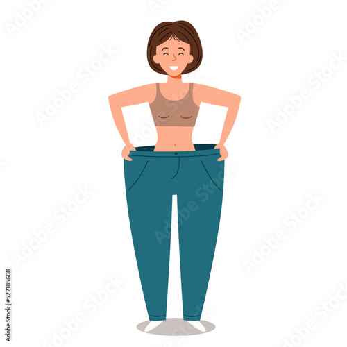 The girl shows how she lost weight. A female in large pants. Vector illustration in a flat style.