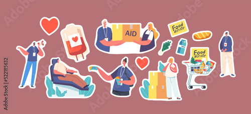 Set of Stickers Volunteering, Charity, Philanthropy, Humanitarian Aid and Help to Poor People. Characters Donate Support