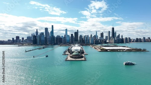 Chicago Skyline from Navy Pier Drone View  photo