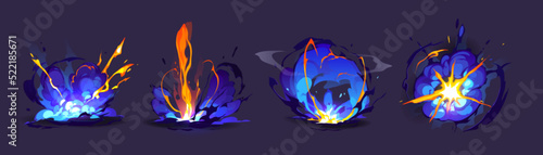 Magic explosions, light flash or energy burst with fire and blue smoke clouds. Vector cartoon set of blast effects for 2d game animation isolated on background
