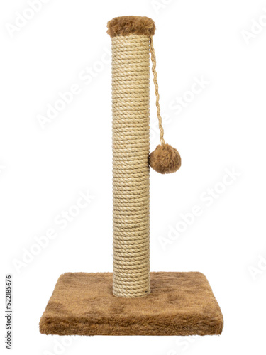 The scratching post is a simple base and a post with a jute rope