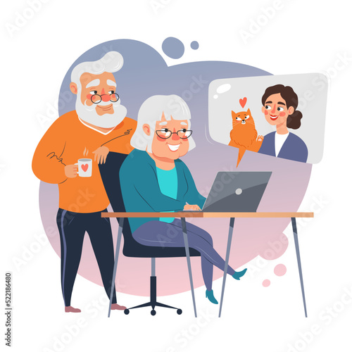 Elderly couple use laptop to communicate with family. Old people use computer technology, vector illustration