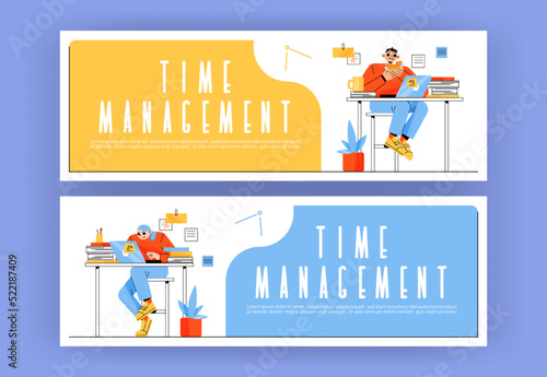 Time management banners with people working in office or home workplace. Vector headers of time control with cartoon illustration of busy employees sitting at table with laptop