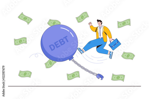Debt free, loan or mortgage, finding way to solve financial problems, and using savings or investments to get freedom concepts. Happy businessman kicking burden metals ball after unlock the chain