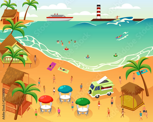 People Having Fun on the Beach during Summer Vector Illustration