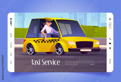 Photo Taxi service cartoon landing page, driver sitting in car with open window waiting passenger on city street