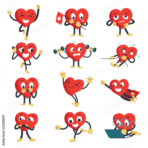 Heart character cheering, exercising and working