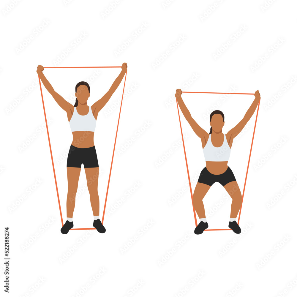 Naklejka premium Woman doing Overhead squat with long resistance band exercise. Flat vector illustration isolated on white background