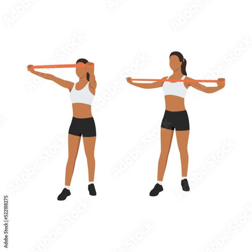 Woman doing Upper back reverse fly with long resistance band exercise. Flat vector illustration isolated on white background