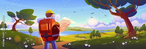 Rural scene with hiker man with map and backpack on road. Summer landscape with river, agriculture fields, path, green trees and grass. Vector cartoon illustration of tourist in countryside