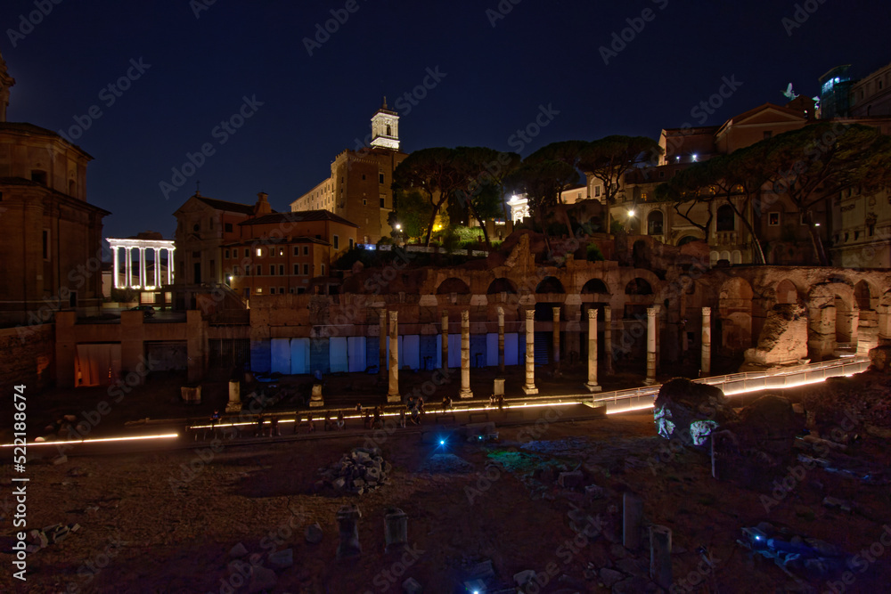 Night view of the Roman Forum (Foro Romano), ruins of ancient Rome, Italy
