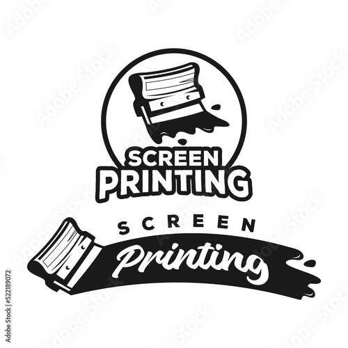 Vintage logo monochrome screen printing template with paint splashes isolated vector illustration