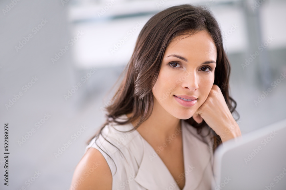 Smiling woman with a computer thinking, brainstorming and planning creative property marketing advertisement or social media post on new house. Portrait of confident real estate agent in office alone Smiling woman with a computer thinking, brainstorming and planning creative property marketing advertisement or social media post on new house. Portrait of confident real estate agent in office alone