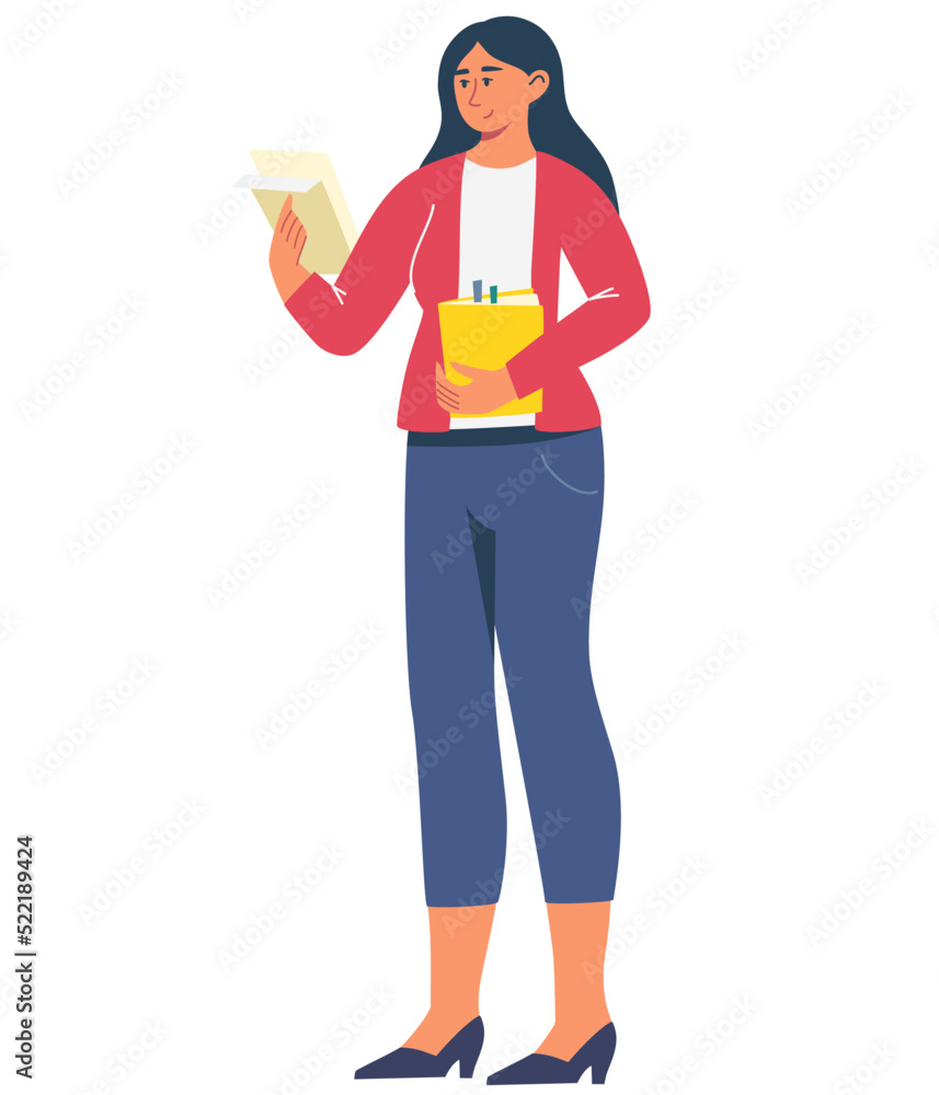 Woman holds a folder with documents. Female office worker. User and data archive. Database, searching info. Business communication concept. Trendy flat vector illustration Woman holds a folder with documents. Female office worker. User and data archive. Database, searching info. Business communication concept. Trendy flat vector illustration
