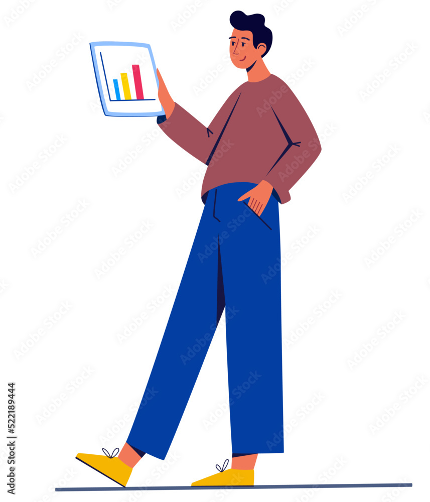 Young man is holding a computer in his hands. Business communication concept. Freelance, business, work, student. Trendy flat vector illustration isolated on the white background. Young man is holding a computer in his hands. Business communication concept. Freelance, business, work, student. Trendy flat vector illustration isolated on the white background.