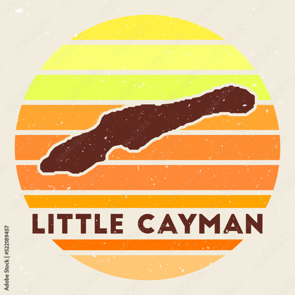 Little Cayman logo. Sign with the map of island and colored stripes, vector illustration. Can be used as insignia, logotype, label, sticker or badge of the Little Cayman.