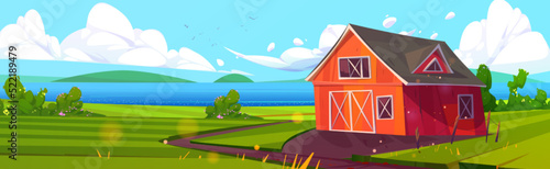 Summer rural scene with green agriculture fields, farm barn and river. Vector cartoon illustration of countryside panorama, farmland landscape with red wooden granary, road, lake and grass