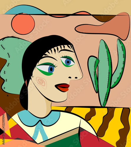 Colorful abstract background, cubism art style, black haired  woman In a cactus field