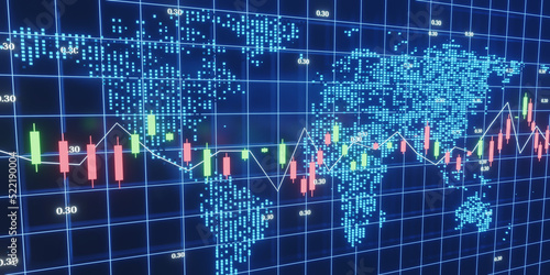 concept digital Stock market investment trading world map financial chart with candlestick line graph on dark blue background. 3d illustration