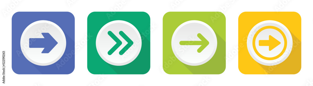 Set of next arrow icon on button design vector illustration. Set of next arrow icon on button design vector illustration.