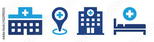 Hospital building, clinic and hospital bed icon isolated on white background. Health care concept.