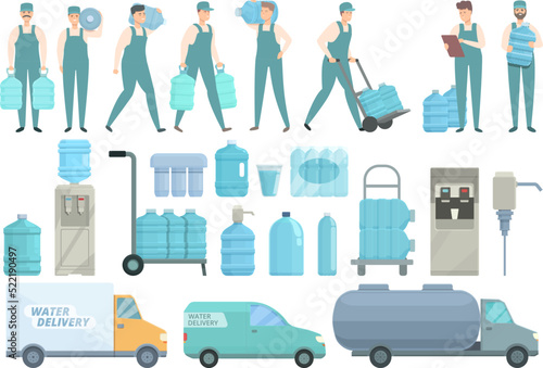 Water delivery icons set cartoon vector. Cooler gallon. Office cup