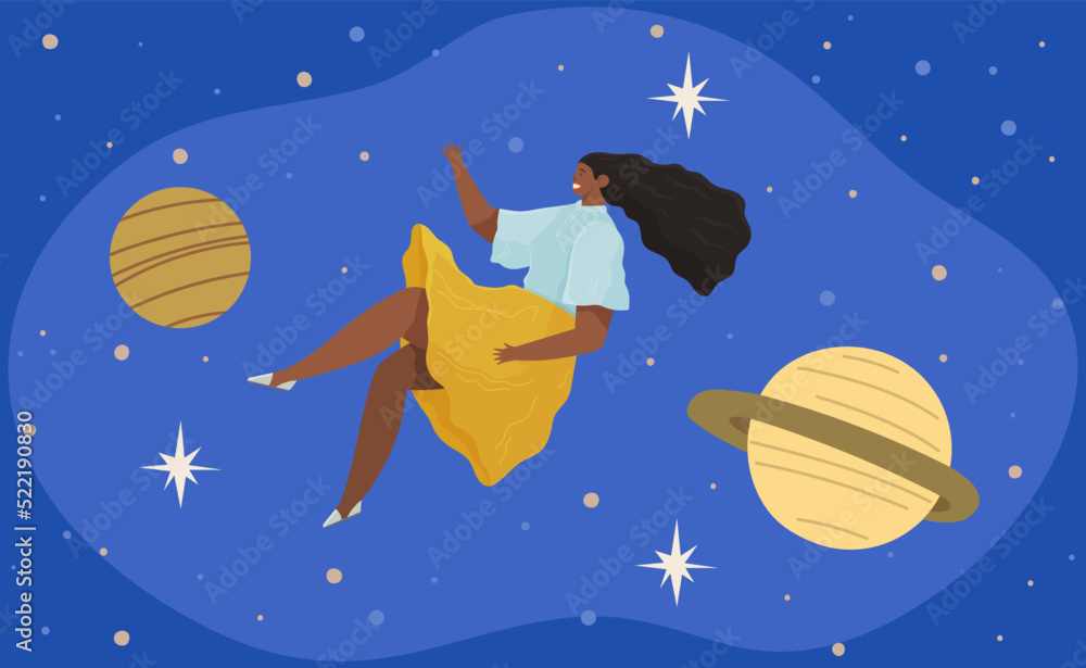 Space party vector female astronaut, cosmonaut, spaceship, comets ...