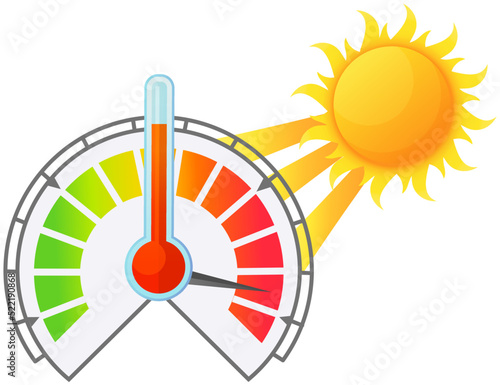 Thermometer with rising temperatures in hot weather. Circular measuring device with digital and analog color bar. Determination of temperature of air heated by incandescent sun. Warm summer weather