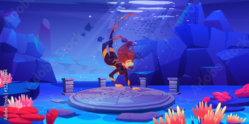 Scuba diver girl explore sea bottom with ancient mysterious artifacts, round stone plate with curved pattern. Game scene woman floating above old underwater architecture, Cartoon vector illustration