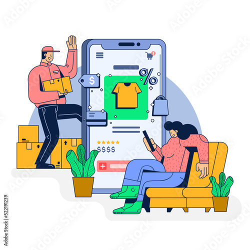 Woman Sitting on the Couch While Browsing Online Shop on the Phone and Courier Sending the Package After
