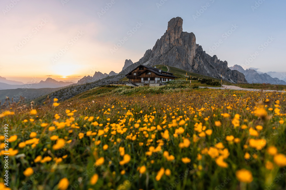 beautiful sunset scene summer of Dolomites Alps mountain landscape. Stunning Giau Pass - 2236m mountain pass in the province of Belluno in Italy