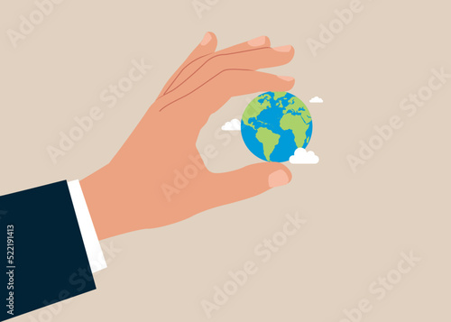 Save the planet. Hand holding globe, earth. Earth day concept. Earth day vector illustration for poster, banner, print, web.Modern cartoon flat style illustration.