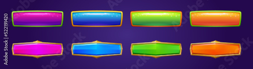 Shiny game buttons with gold and color frames. Vector cartoon set of web or mobile app interface elements, blank glossy rectangle buttons isolated on background