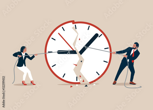Businessman using rope to pull minute and hour hand to break the clock metaphor of effort to manage time for multiple projects. Work deadline or time management.