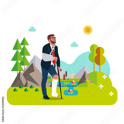 Young businessman with broken leg walking on nature park. Disabled guy with crutches enjoying life. Outdoor leisure with physical disability. Health care, positive attitude, rehabilitation.