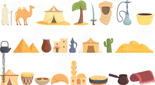 Bedouins icons set cartoon vector. Arab desert. Ancient market