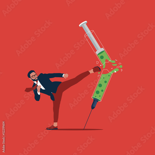 Businessman strongly kicking a syringe. International Day against Drug Abuse and Illicit Trafficking. Observed on 26th JUNE. Healthy lifestyle. Vector Illustration. 