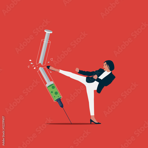 Girl strongly kicking a syringe. International Day against Drug Abuse and Illicit Trafficking. Observed on 26th JUNE. Healthy lifestyle. Vector Illustration. 