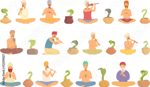 Snake charmer icons set cartoon vector. Indian sage. Hindu snake