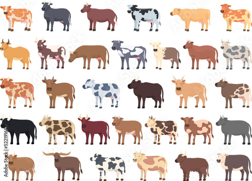 Breeding cows icons set cartoon vector. Dairy milk. Eat farm