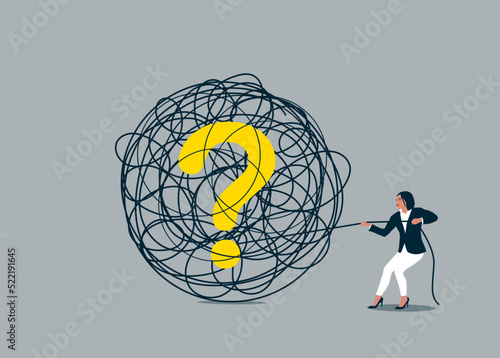 Pulling the tangled ropes with question mark. Business vector illustration concept.
