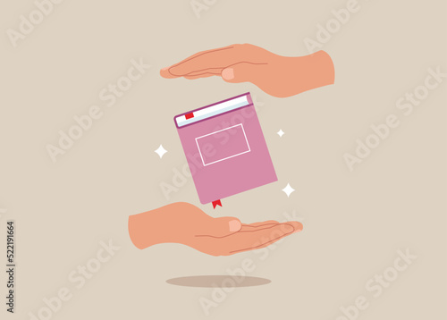 Woman hands holding magic book. Fairy tale story. Girl reading literature. Read books lover. Education, literacy day concept. Book swap, bookstore, library vector illustration