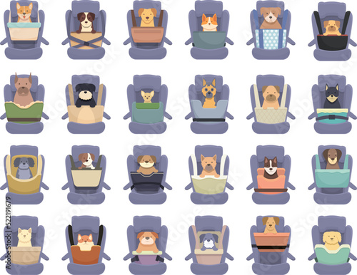 Dog car seats icons set cartoon vector. Belt pet. Travel seat