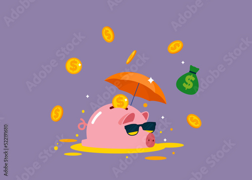 Pink piggy bank wear sunglasses floating golden coins. The creative concept of saving money. Simple trendy cute cartoon vector flat style illustration.
