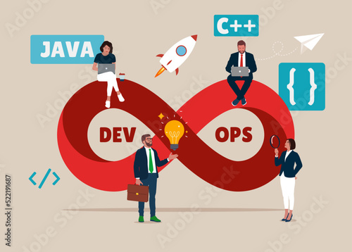 Programmers practice of development and software operations. Software engineering culture. DevOps concept. Vector illustration on white background
