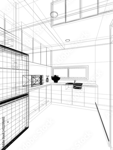 abstract sketch design of kitchen room  3d rendering