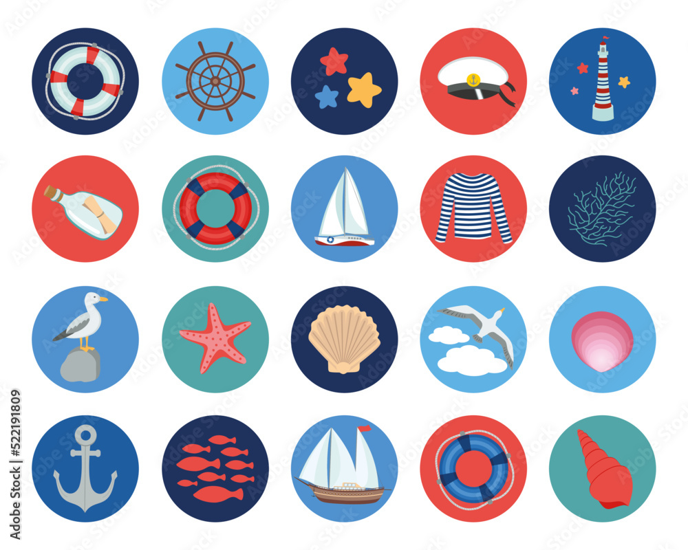 Nautical flat icon set. Circle stickers with marine symbols. Sea, ocean, beach nautical life thumbnails signs for highlight icons, tags, buttons etc.