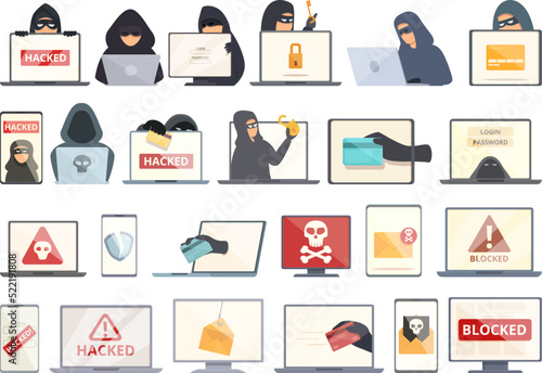 Hacker attack icons set cartoon vector. Fraud hacking. Attack criminal