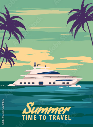 Speedboat Trip poster retro, boat on the ocean, sea. Tropical cruise, sailboat, palms, summertime travel vacation. Vector illustration vintage
